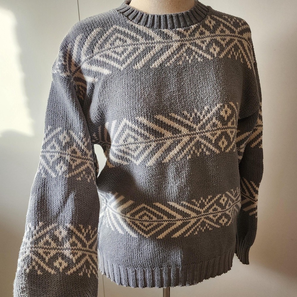 Fall River Knitting Mills gray and cream knit sweater, 100% cotton made in USA